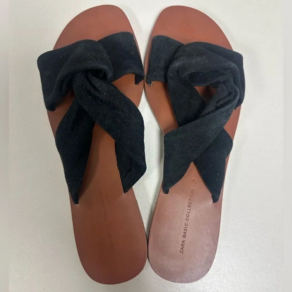 ZARA 38/7-7.5 Black Suede Flat Crossover Straps Knot Flat Slip on Sandals - Picture 9 of 14